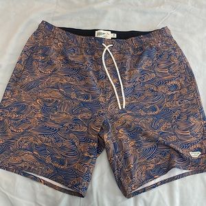 Wellen beach shorts.  Color is dark blue with rust color waves.  9” inseam